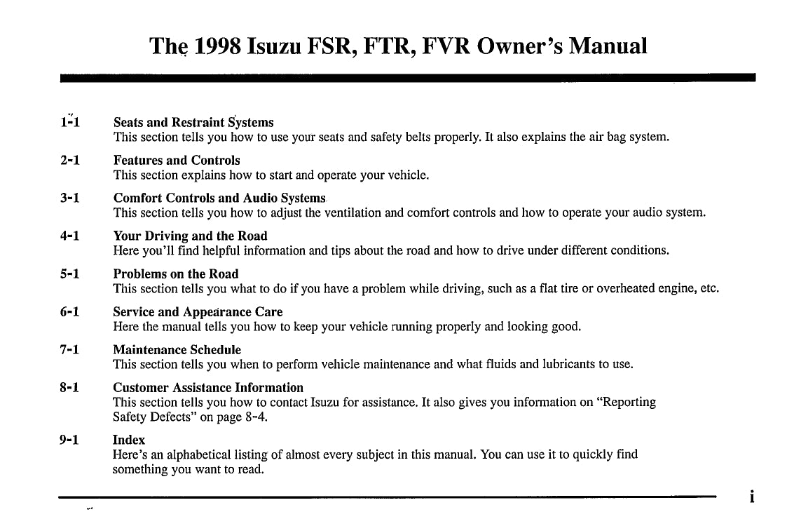 1998 Isuzu FSR / FTR / FVR Gebruikershandleiding | Engels