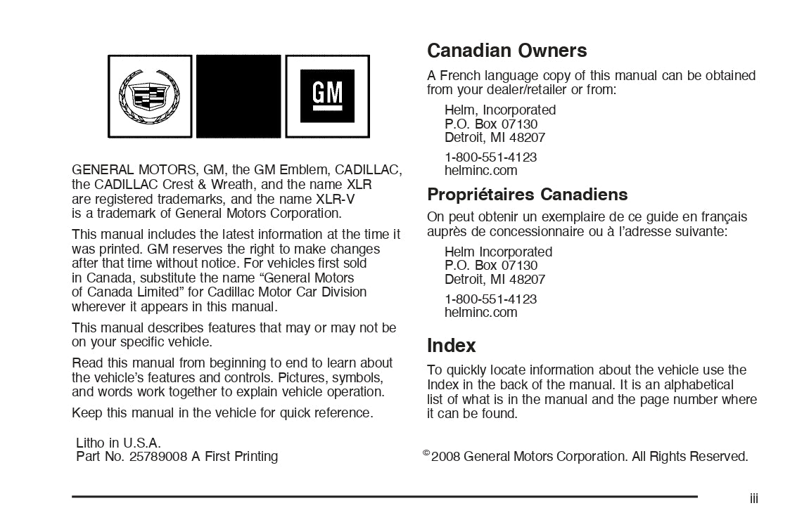 2009 Cadillac XLR / XLR-V Gebruikershandleiding | Engels