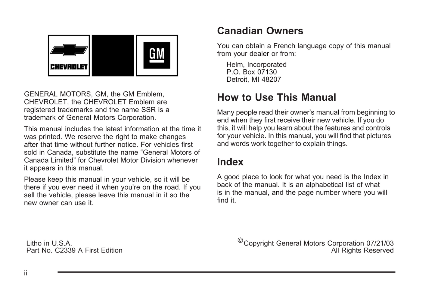 2003 Chevrolet SSR Owner's Manual | English