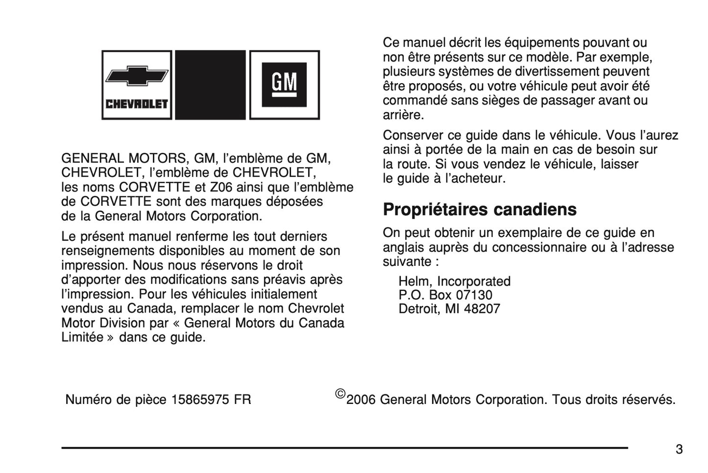 2007 Chevrolet Corvette Manuel du propriétaire | Français