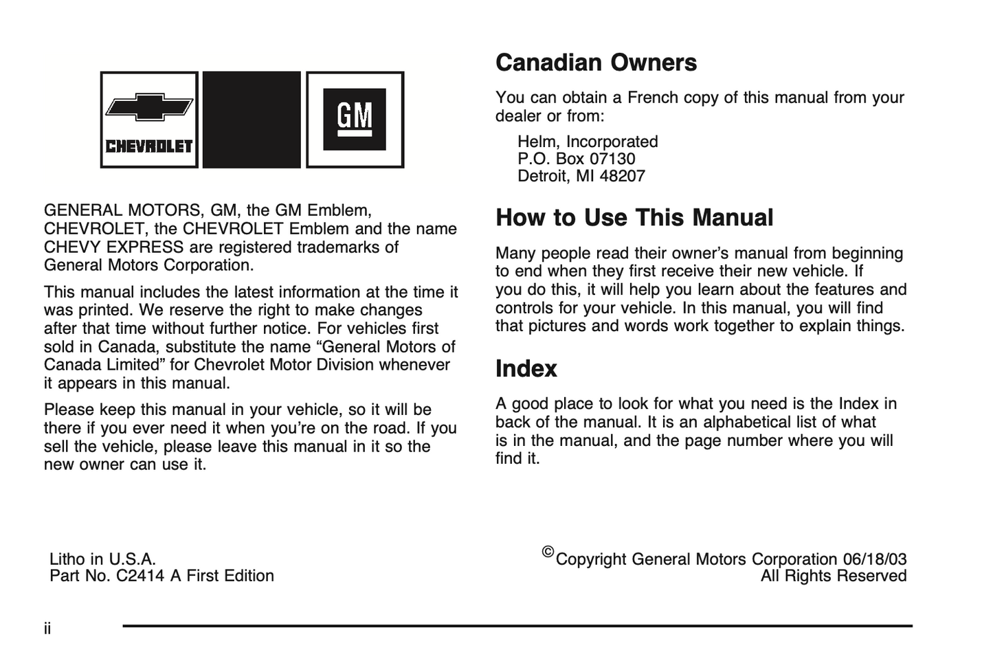 2004 Chevrolet Express Owner's Manual | English