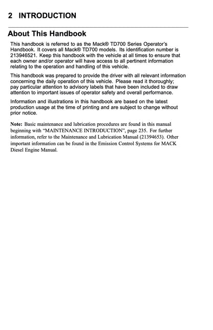 2010 Mack TD700 Series Owner's Manual | English