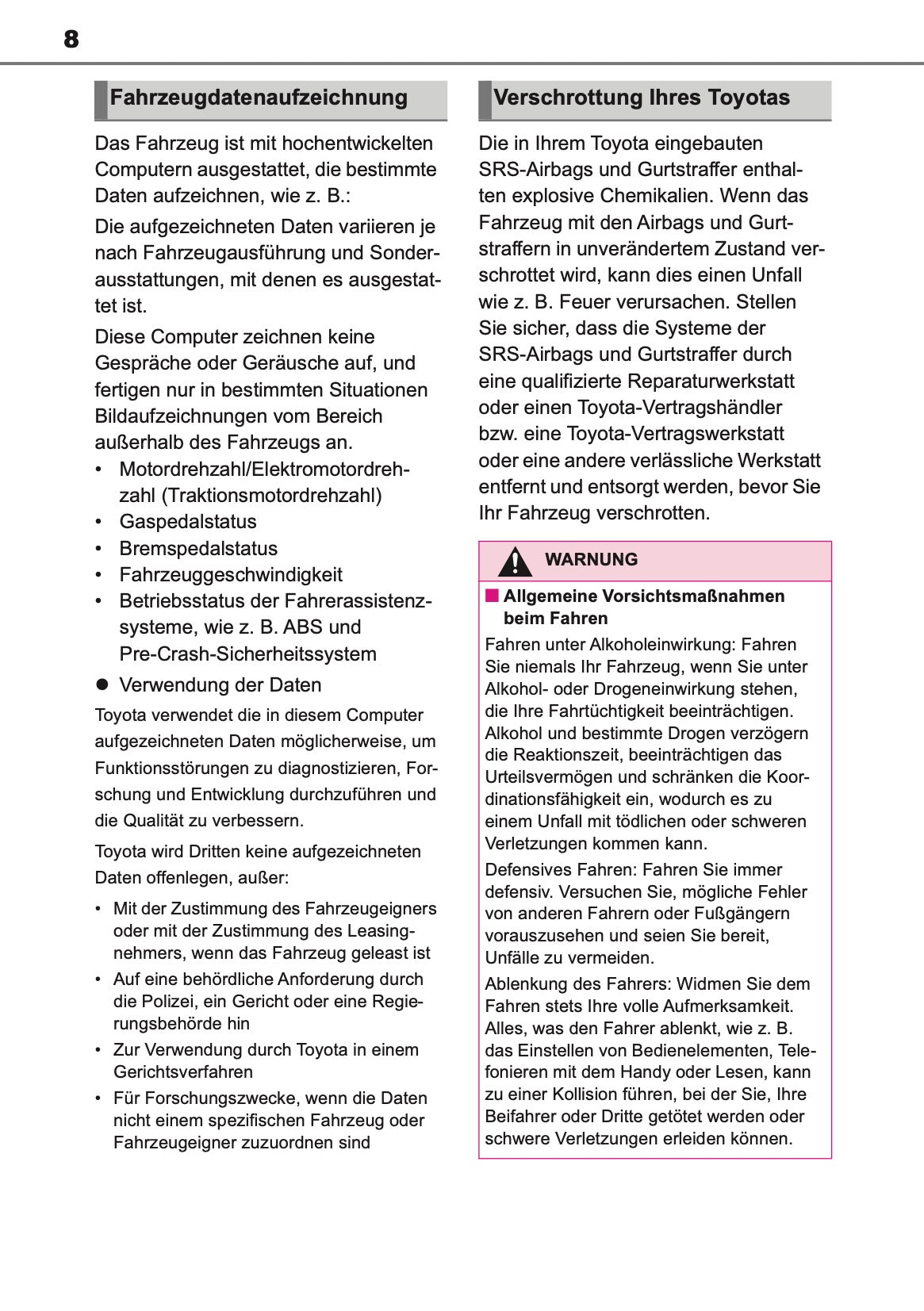 2019-2020 Toyota Corolla Hatchback/Touring Sports Bedienungsanleitung | Deutsch
