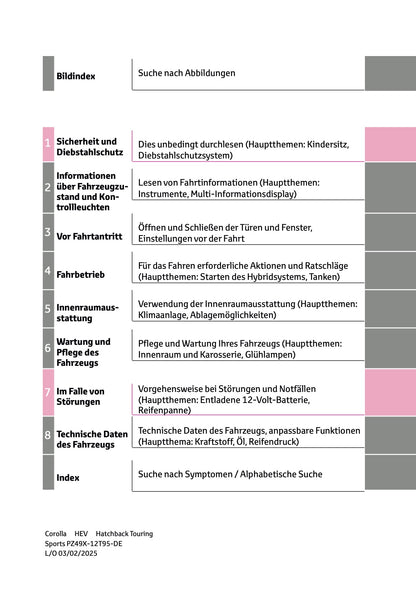 2025 Toyota Corolla Hybrid Hatchback/Touring Sports Bedienungsanleitung | Deutsch