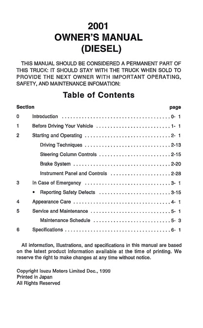 2001 GMC W-Series Diesel Owner's Manual | English