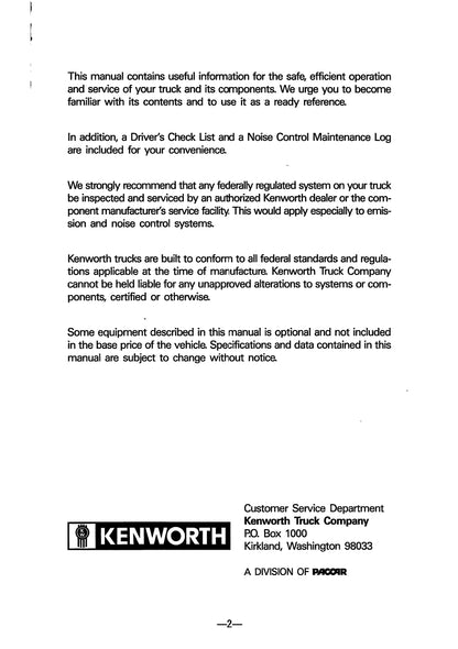 1980-1989 Kenworth Manuel du propriétaire | Anglais