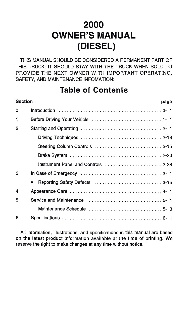 2000 GMC W-Series Diesel Owner's Manual | English