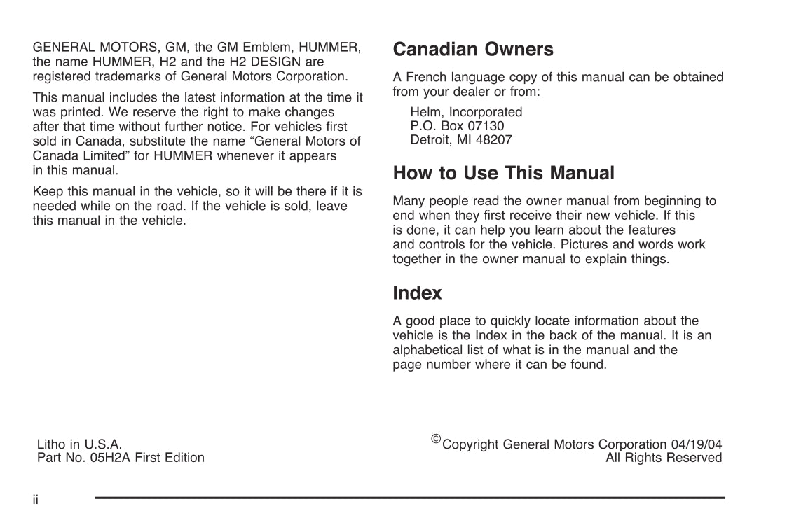 2005 Hummer H2 Owner's Manual | English