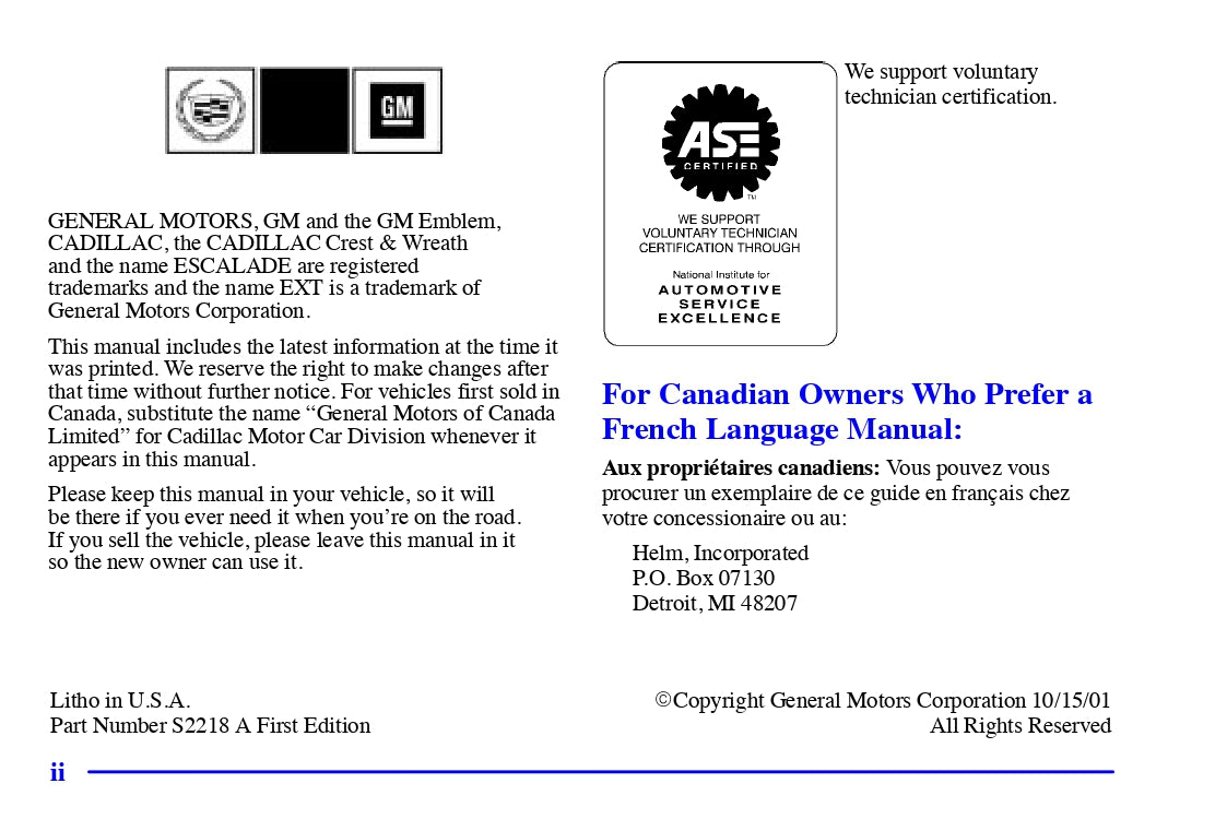 2002 Cadillac Escalade EXT Gebruikershandleiding | Engels