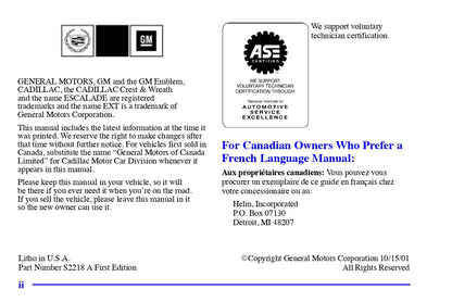 2002 Cadillac Escalade EXT Owner's Manual | English