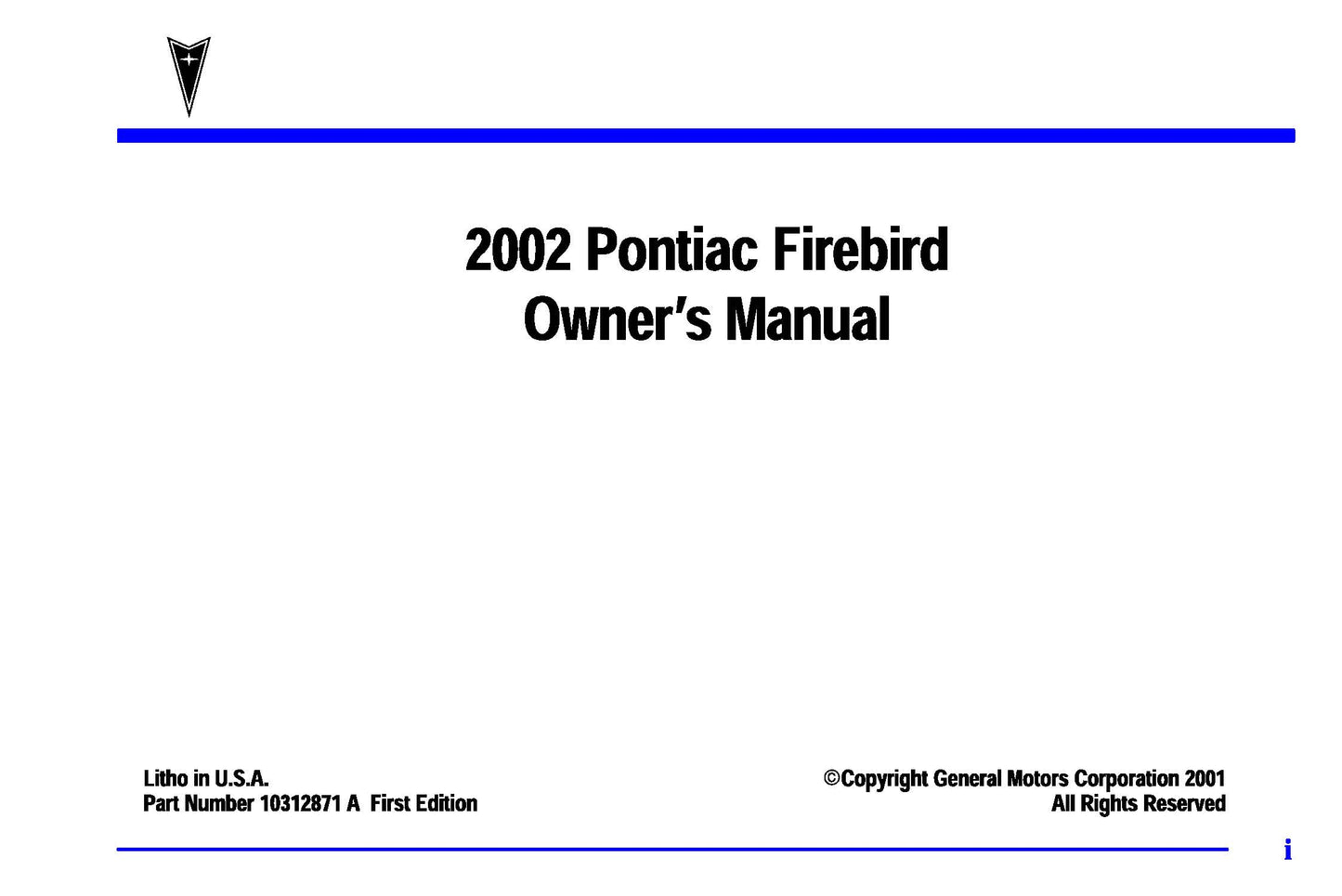 2002 Pontica Firebird Manuel du propriétaire | Anglais