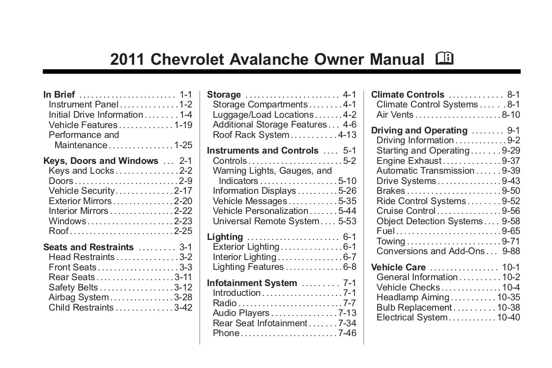 2011 Chevrolet Avalanche Owner's Manual | English