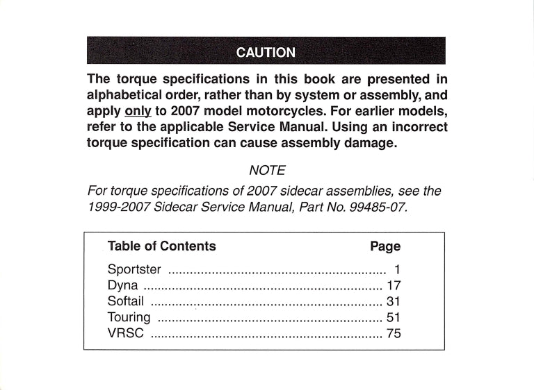 2007 Harley-Davidson Torque Values Manual | English