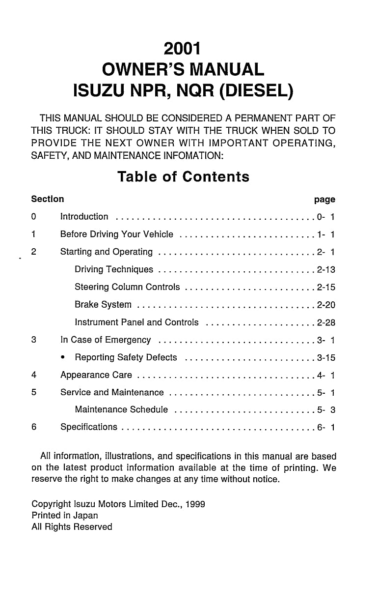 2001 Isuzu NPR / NQR Diesel Owner's Manual | English