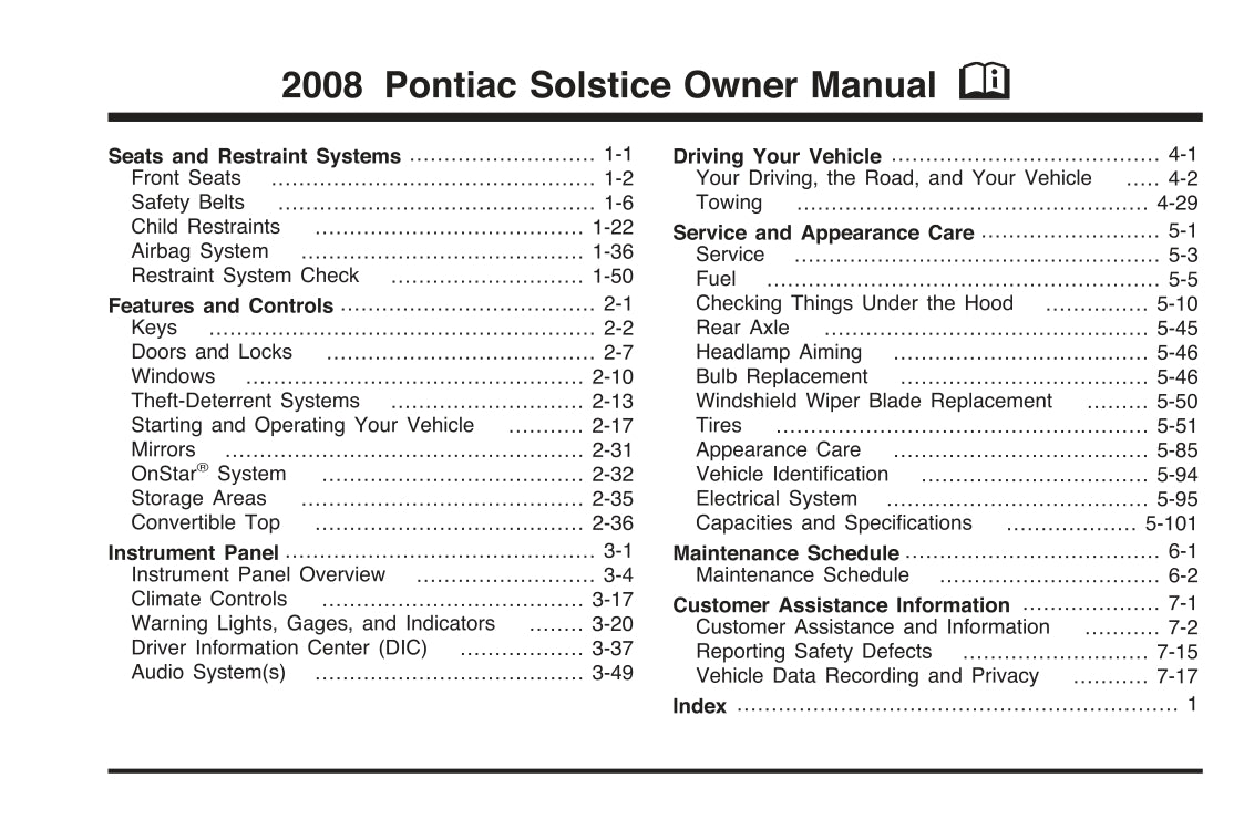 2008 Pontiac Solstice Owner's Manual | English