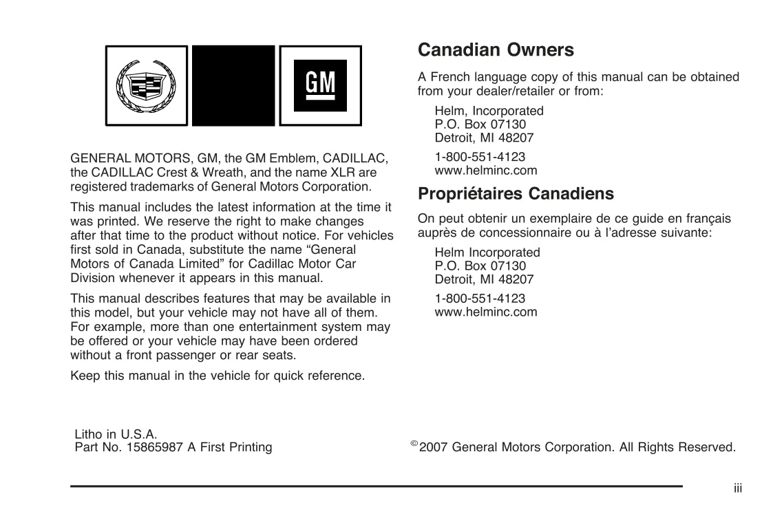 2008 Cadillac XLR / XLR-V Owner's Manual | English