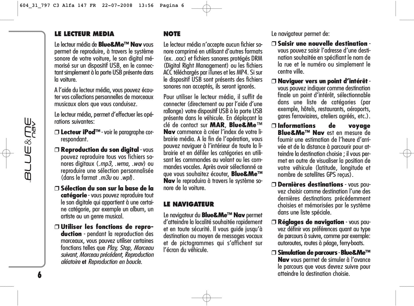 Alfa Romeo Blue & Me Nav Guide d'utilisation 2008 - 2011