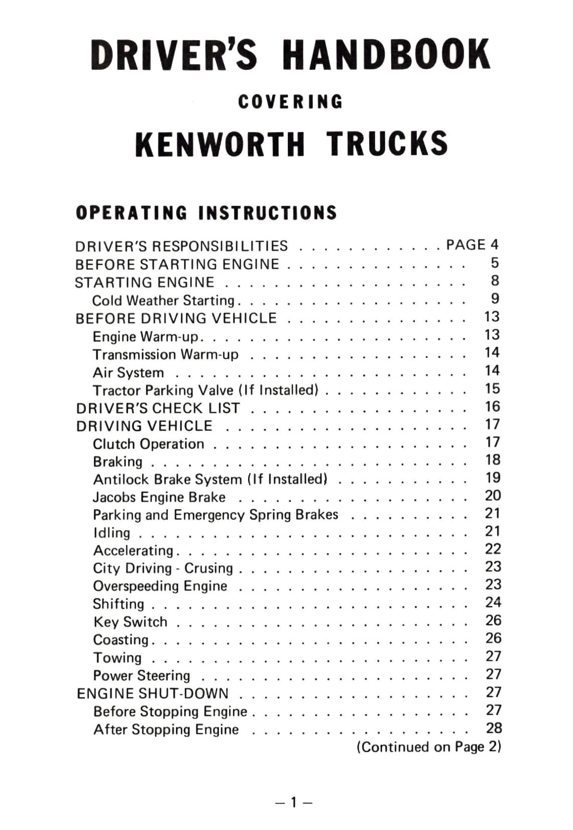 1976 Kenworth  Owner's Manual | English