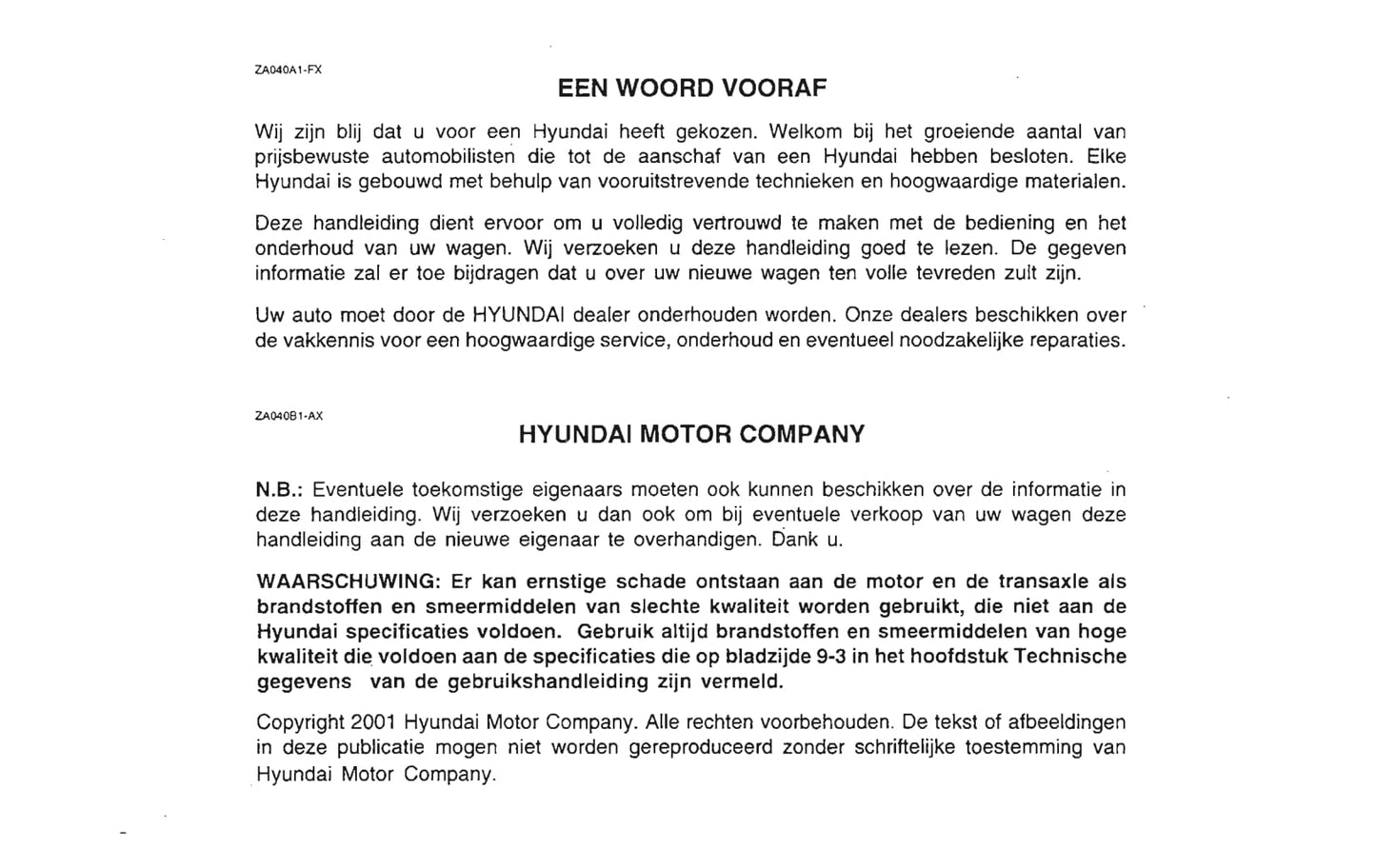 2001-2002 Hyundai Santa Fe Owner's Manual | Dutch