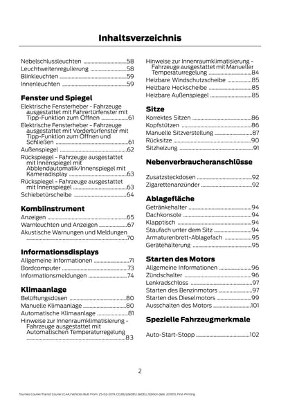 2019-2020 Ford Tourneo Courier / Transit Courier Bedienungsanleitung | Deutsch