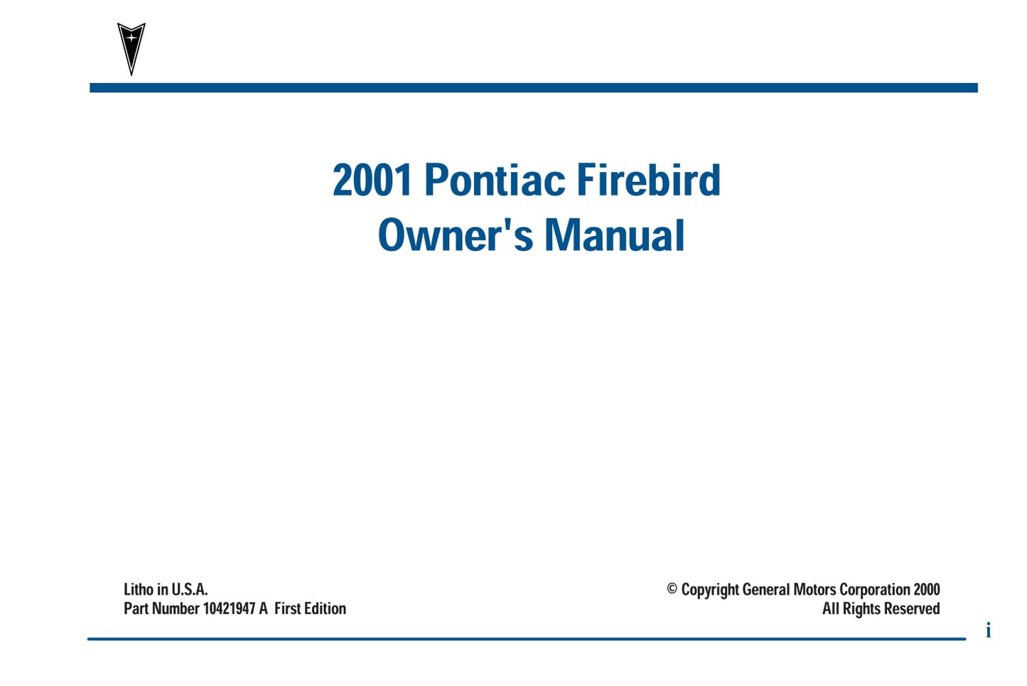 2001 Pontiac Firebird Manuel du propriétaire | Anglais