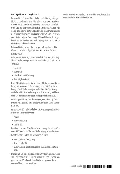 2014-2016 Smart Fortwo Owner's Manual | German