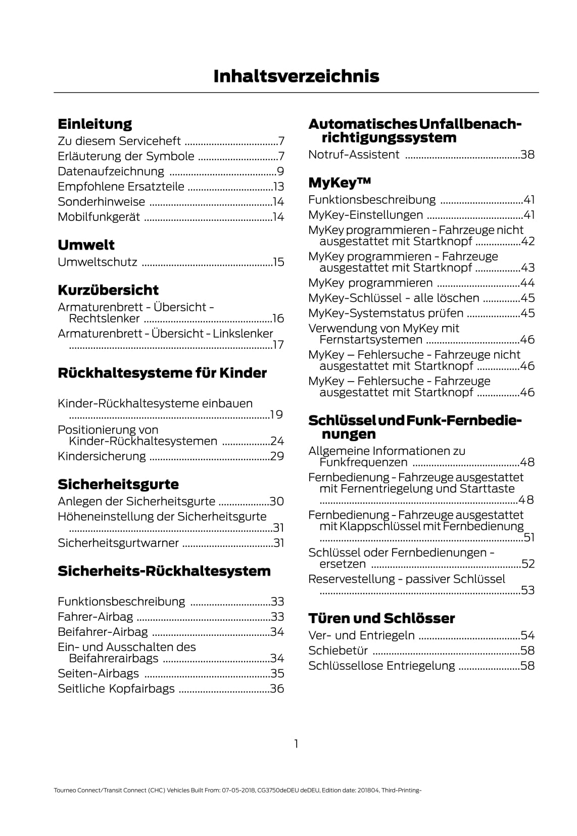 2018-2020 Ford Tourneo Connect / Transit Connect Bedienungsanleitung | Deutsch