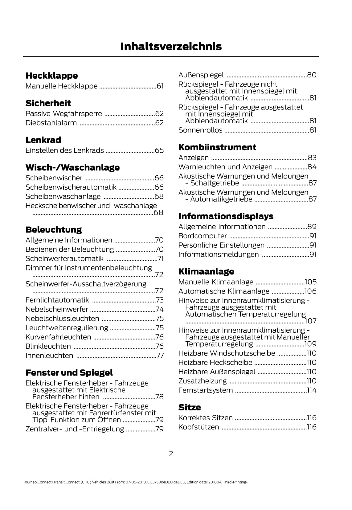 2018-2020 Ford Tourneo Connect / Transit Connect Bedienungsanleitung | Deutsch