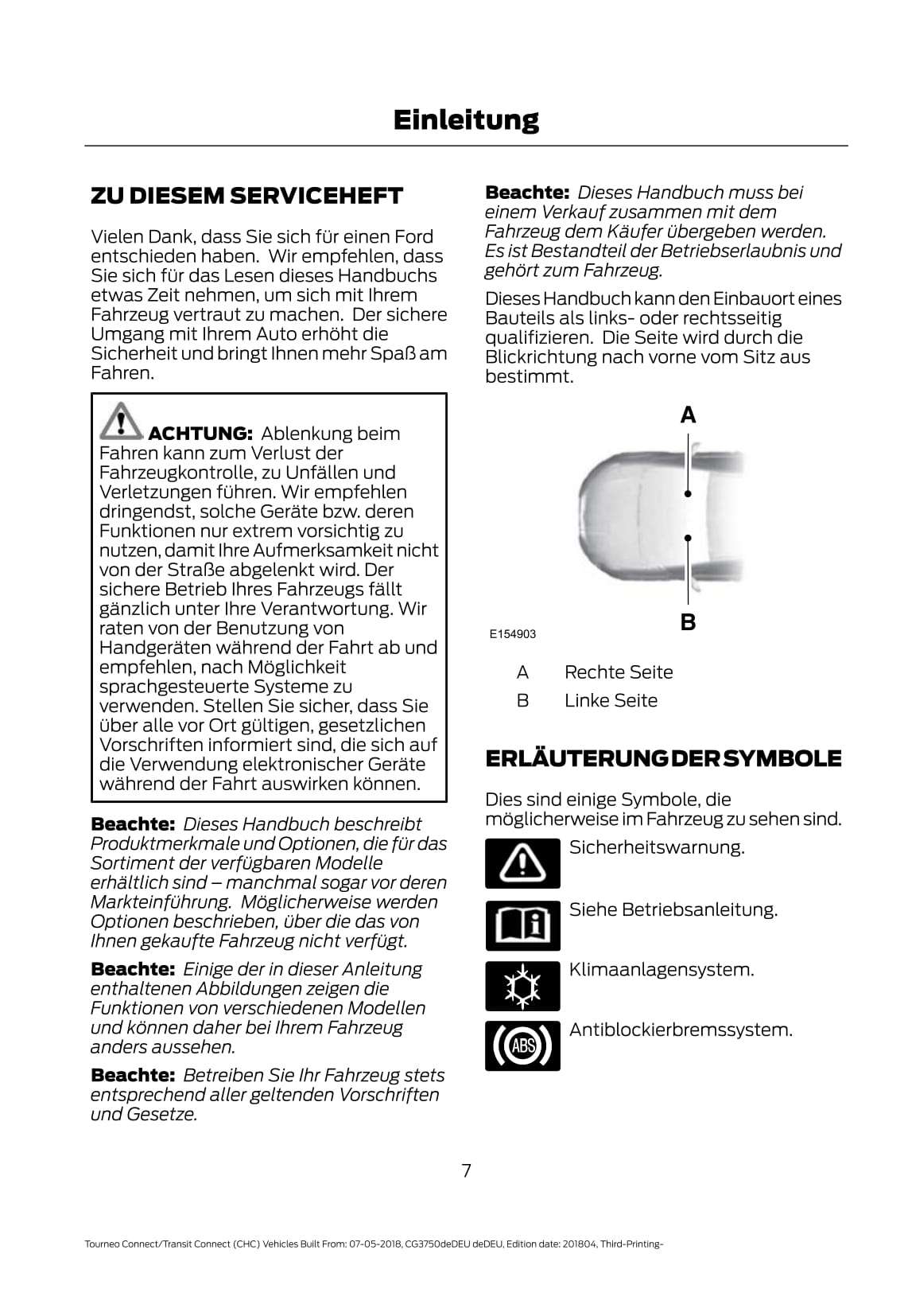 2018-2020 Ford Tourneo Connect / Transit Connect Bedienungsanleitung | Deutsch