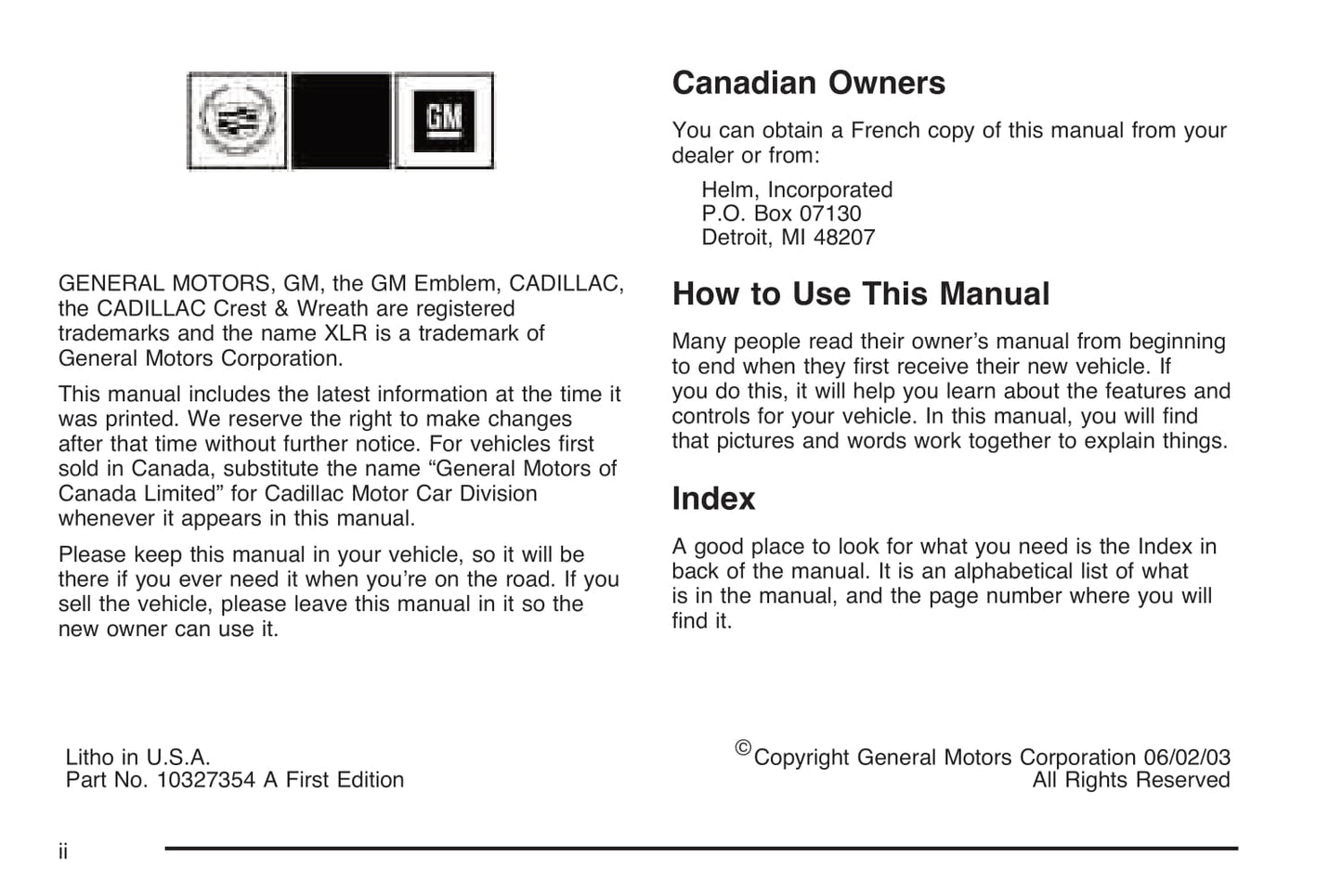 2004 Cadillac XLR Owner's Manual | English