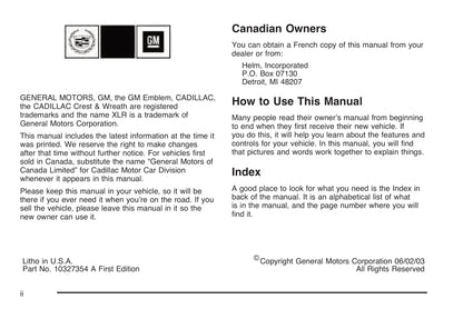 2004 Cadillac XLR Owner's Manual | English