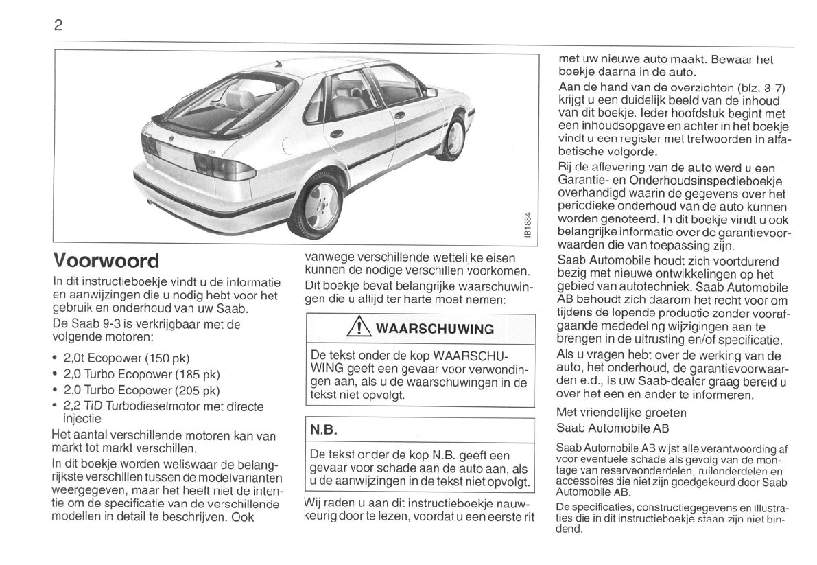 1998-2002 Saab 9-3 Manuel du propriétaire | Néerlandais