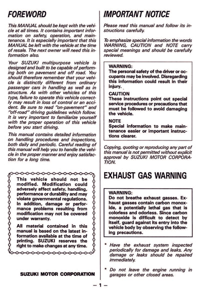 1986 Suzuki Samurai Owner's Manual | English