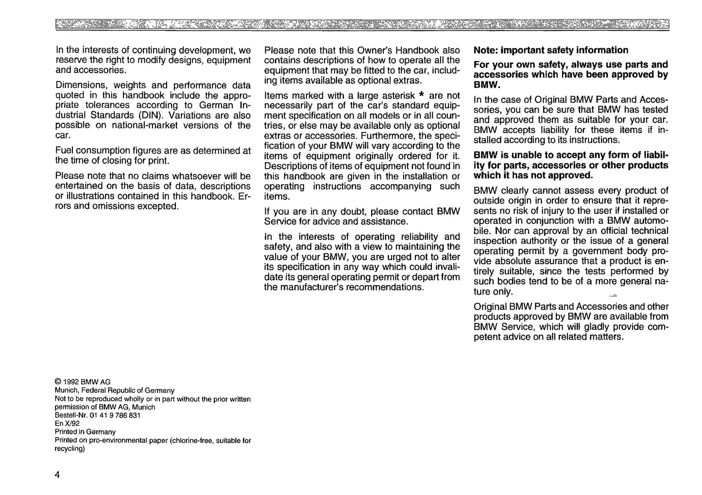 1991 BMW 8 Series Owner's Manual | English